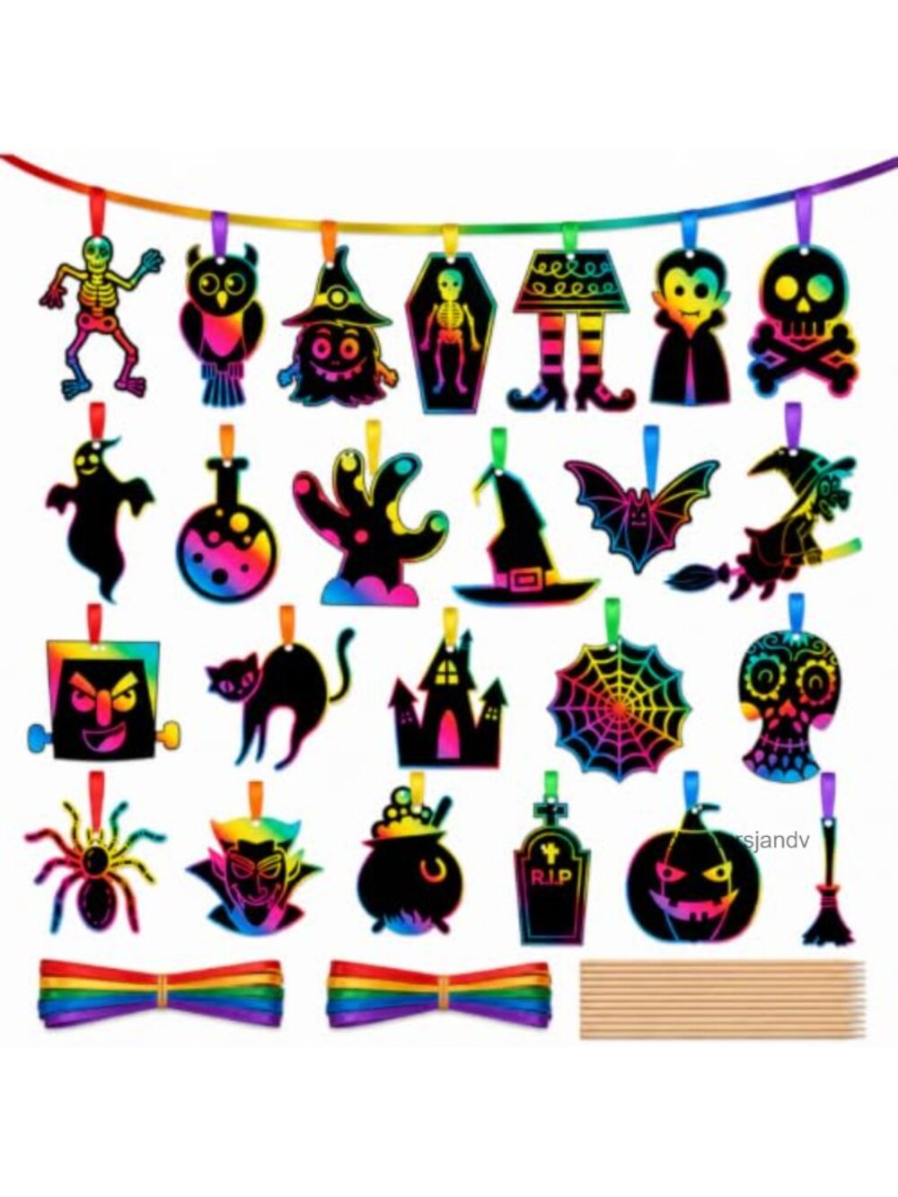 48 PCS Halloween Scratch Art Craft Kit Hanging Ornaments Party Decor